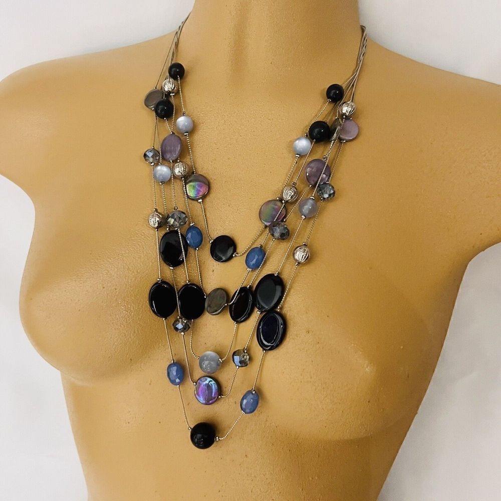 Beautiful Jules C Necklace Multi Layer Shell Black Silver Blue Beads Floating